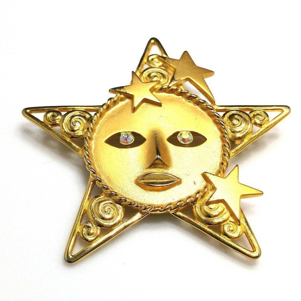 Vintage Five Pointed Star Face Brooch, Celestial Moon Pin, Signed JJ, 2 1/2 Inch